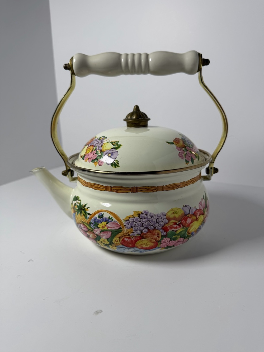 Vintage Lincoware Enamel Tea Kettle - Orchard Fruit Motif with Wood Handle